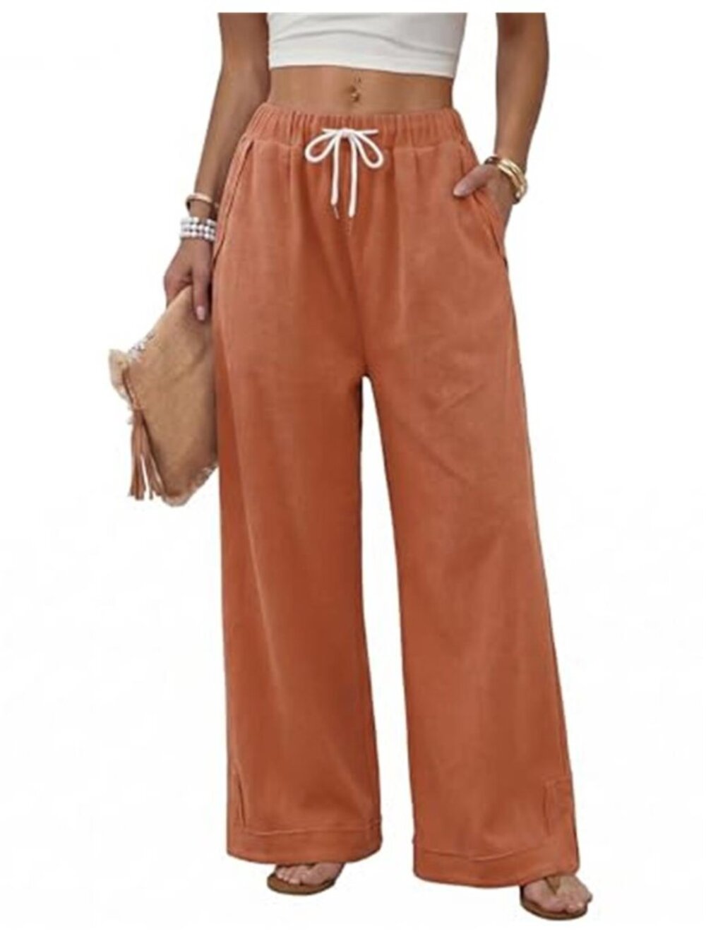 Womens Orange Wide Leg Palazzo Pants Baggy Boho Casual Drawstring Trousers Beach